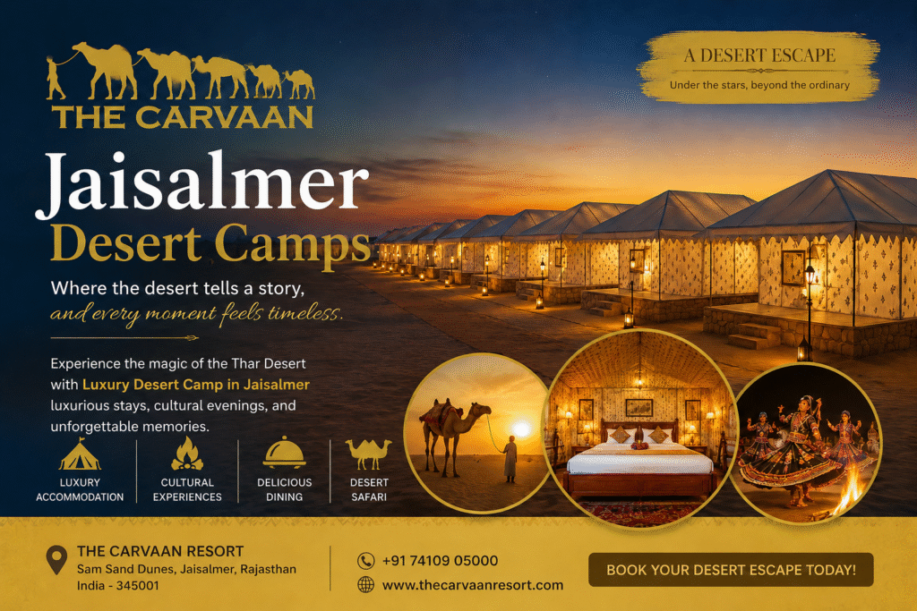 Jaisalmer Desert Camps offering luxury tent stays in the Thar Desert with sunset views, camel safari, cultural folk dance performances, and premium desert camping experiences at The Carvaan Resort.