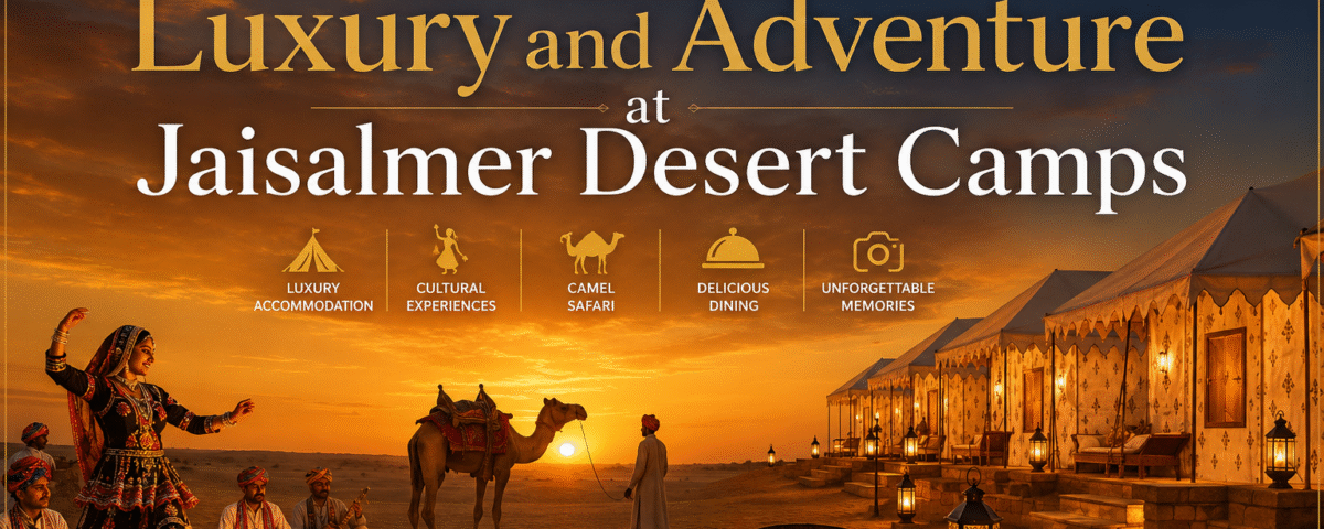 Experience Luxury and Adventure at Jaisalmer Desert Camps with premium desert tents, camel safari, cultural folk dance performances, luxury dining, and a stunning sunset view in the Thar Desert.