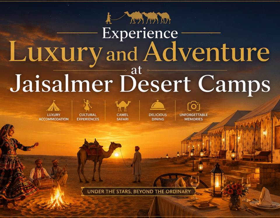 Experience Luxury and Adventure at Jaisalmer Desert Camps with premium desert tents, camel safari, cultural folk dance performances, luxury dining, and a stunning sunset view in the Thar Desert.